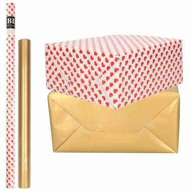 6x rollen kraft inpakpapier liefde/rode hartjes pakket mat goud 200 x 70/50 cm kado