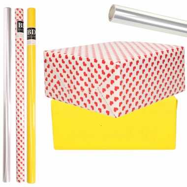 6x rollen kraft inpakpapier transparante folie/hartjes pakket geel/harten design 200 x 70 cm kado