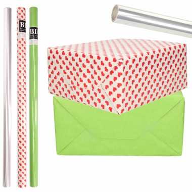 6x rollen kraft inpakpapier transparante folie/hartjes pakket groen/harten design 200 x 70 cm kado