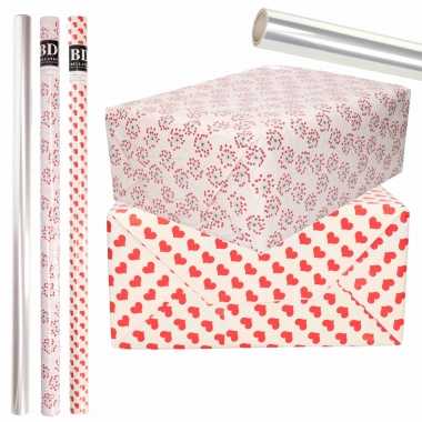 6x rollen kraft inpakpapier transparante folie/hartjes pakket harten design 200 x 70 cm kado