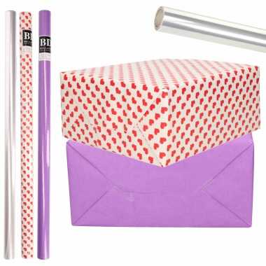 6x rollen kraft inpakpapier transparante folie/hartjes pakket paars/harten design 200 x 70 cm kado