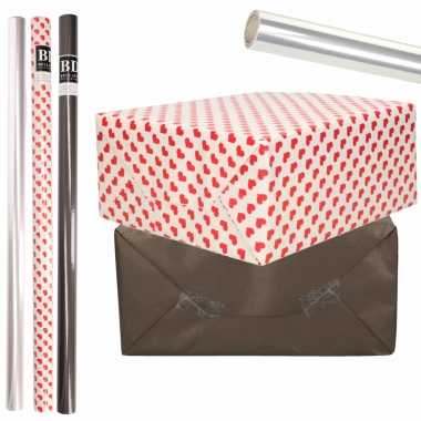 6x rollen kraft inpakpapier transparante folie/hartjes pakket zwart/harten design 200 x 70 cm kado