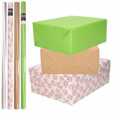 8x rollen transparant folie/inpakpapier pakket groen/bruin/wit met hartjes 200 x 70 cm kado