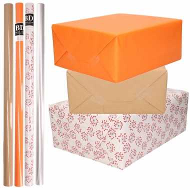 8x rollen transparant folie/inpakpapier pakket oranje/bruin/wit met hartjes 200 x 70 cm kado