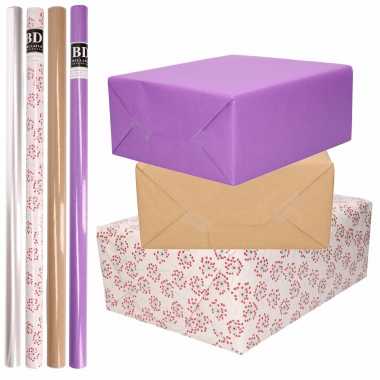 8x rollen transparant folie/inpakpapier pakket paars/bruin/wit met hartjes 200 x 70 cm kado