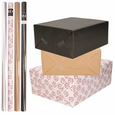 8x rollen transparant folie/inpakpapier pakket zwart/bruin/wit met hartjes 200 x 70 cm kado
