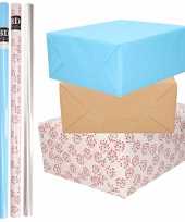 8x rollen transparant folie inpakpapier pakket blauw bruin wit met hartjes 200 x 70 cm kado