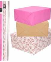 8x rollen transparant folie inpakpapier pakket roze bruin wit met hartjes 200 x 70 cm kado