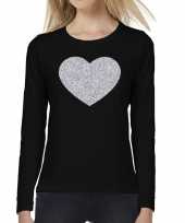 Hart van zilver glitter t-shirt long sleeve zwart voor dames kado