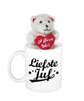 Juffendag kado liefste juf beker mok 300 ml met beige knuffelbeertje