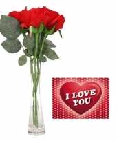 Valentijn valentijnsdag kado vaas met 3 rode rozen met valentijnskaart