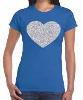 Zilveren hart glitter t shirt blauw dames kado