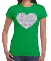 Zilveren hart glitter t-shirt groen dames kado
