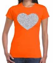 Zilveren hart glitter t shirt oranje dames kado
