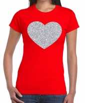 Zilveren hart glitter t-shirt rood dames kado
