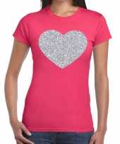 Zilveren hart glitter t shirt roze dames kado