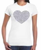 Zilveren hart glitter t shirt wit dames kado