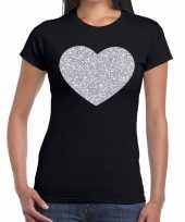 Zilveren hart glitter t shirt zwart dames kado